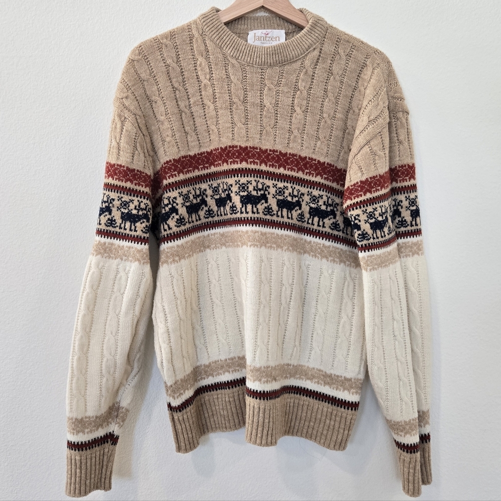 Jantzen Crewneck cable knit fair isle moose vintage sweater size‎ small XL